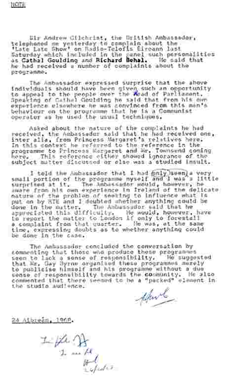 British Ambassador complains about Richard Behal on RTE Late Late Show with Gay Byrne - April 1968 - 42 years ago