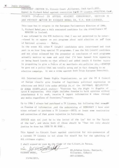 Richard Behal statement - CLICK to READ