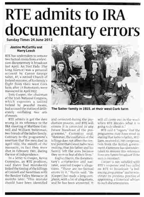Sunday Times - photo dated '1915' with unproven claim that those in it left Ireland because �a sense of fear and a series of threats forced them to leave�. This is wrong because some pictured emigrated before WWI. Photo possibly taken 1905. Typical.