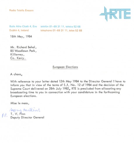 You are a banned person in this election - RTE's message to Richard Behal in 1984